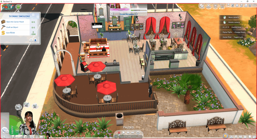 Modern cafe and restaurant interior in The Sims 4 with custom mods, featuring outdoor seating, vibrant decor, and detailed furniture for an engaging gameplay experience.
