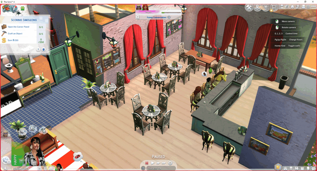 Modern cafe interior with elegant chairs, red curtains, and a marble bar counter, featuring custom mods for a stylish Sims 4 restaurant environment. Perfect for enhancing gameplay with unique decor.