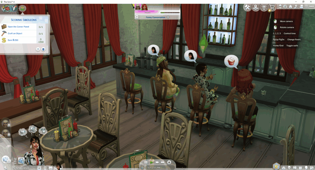 Cheerful café interior with bar seating, decorative red curtains, and green bottles on shelves, featuring Sims characters engaging with their smartphones, styled with popular game mods for enhanced visuals and gameplay.
