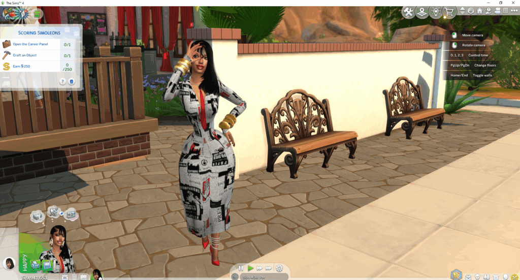 Colorful Sims 4 character wearing a newspaper-print dress with red heels, standing outdoors on a stone-paved walkway, surrounded by garden benches and lush greenery.