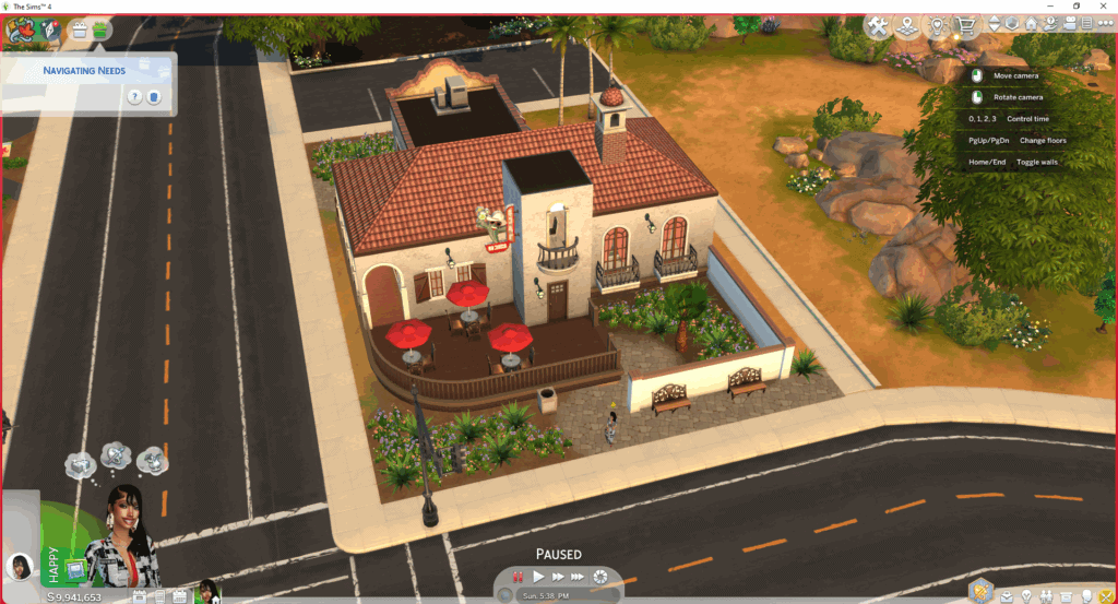 Modern Spanish-style restaurant with outdoor seating, red umbrellas, and lush landscaping, featuring custom mods for The Sims 4 to enhance gameplay and aesthetic appeal.