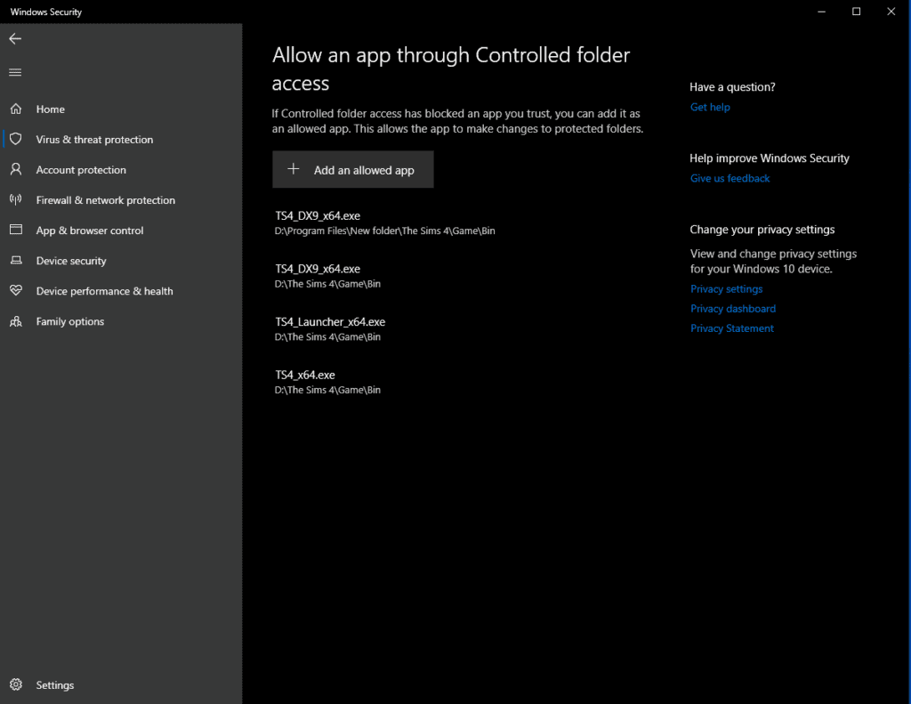 TS4 game mods showing allowed app folders for Windows security management at Must Have Mods.