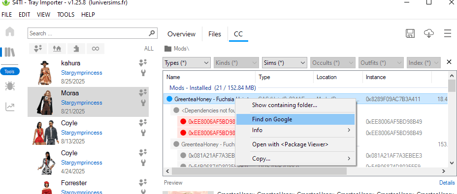 GreenteaHoney Fuchsia Sims 4 Mod folder with dependencies for game enhancement or customization.
