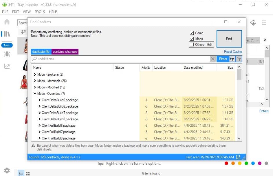 Mods conflict detection screen showing file conflicts and status for game mod management.