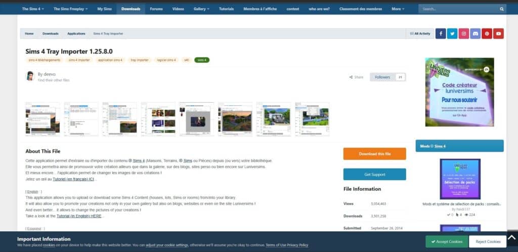 Sims 4 Tray Importer interface displaying file options and download button for Sims 4 custom content and mods.