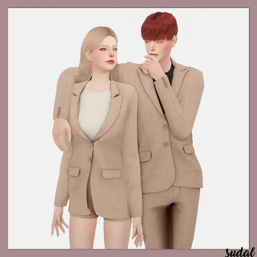 Chic beige women's blazer and matching shorts paired with tan men's tailored suit, perfect for modern professional or fashion-forward looks. Stylish and versatile outfits for women and men.