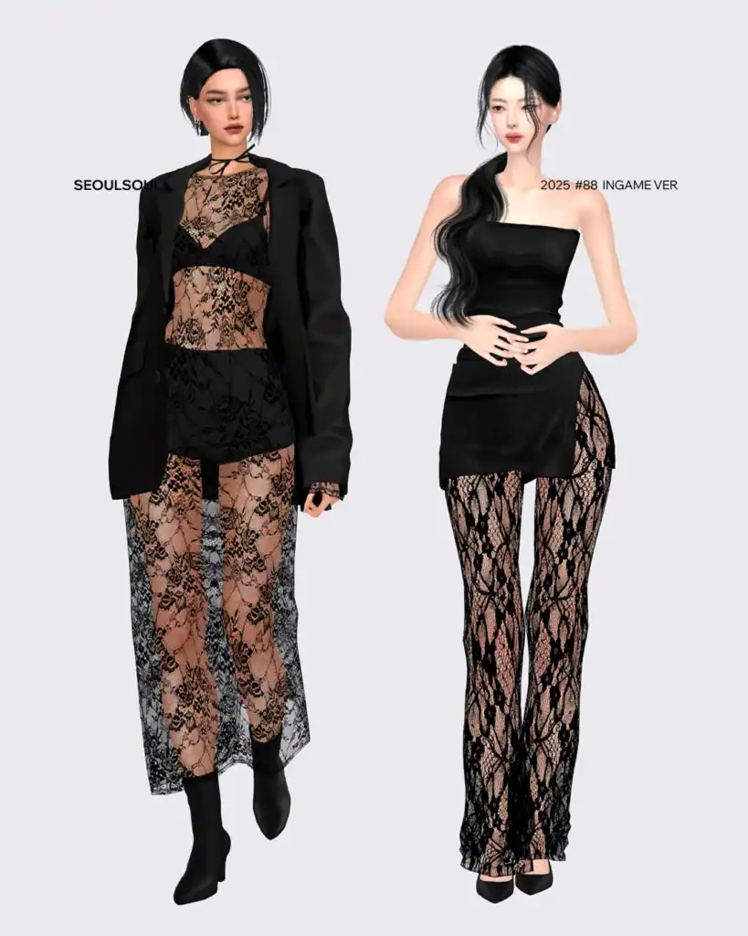 Intricate black lace fashion outfits featuring lace skirts and sheer designs, perfect for stylish modded looks and fashion enhancements.