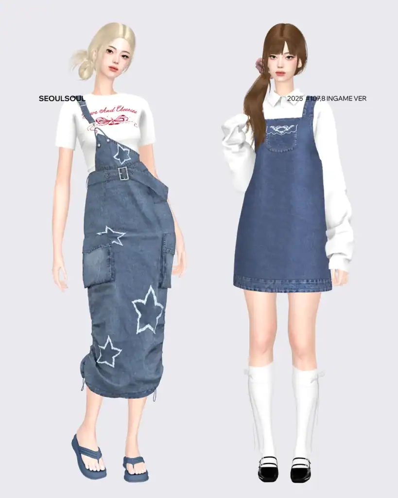 Denim overalls and skirts fashion for virtual avatars, with star embroidery, casual street style outfits, and modern clothing for METAMORPHMODS, Must Have Mods for custom avatars in virtual worlds.
