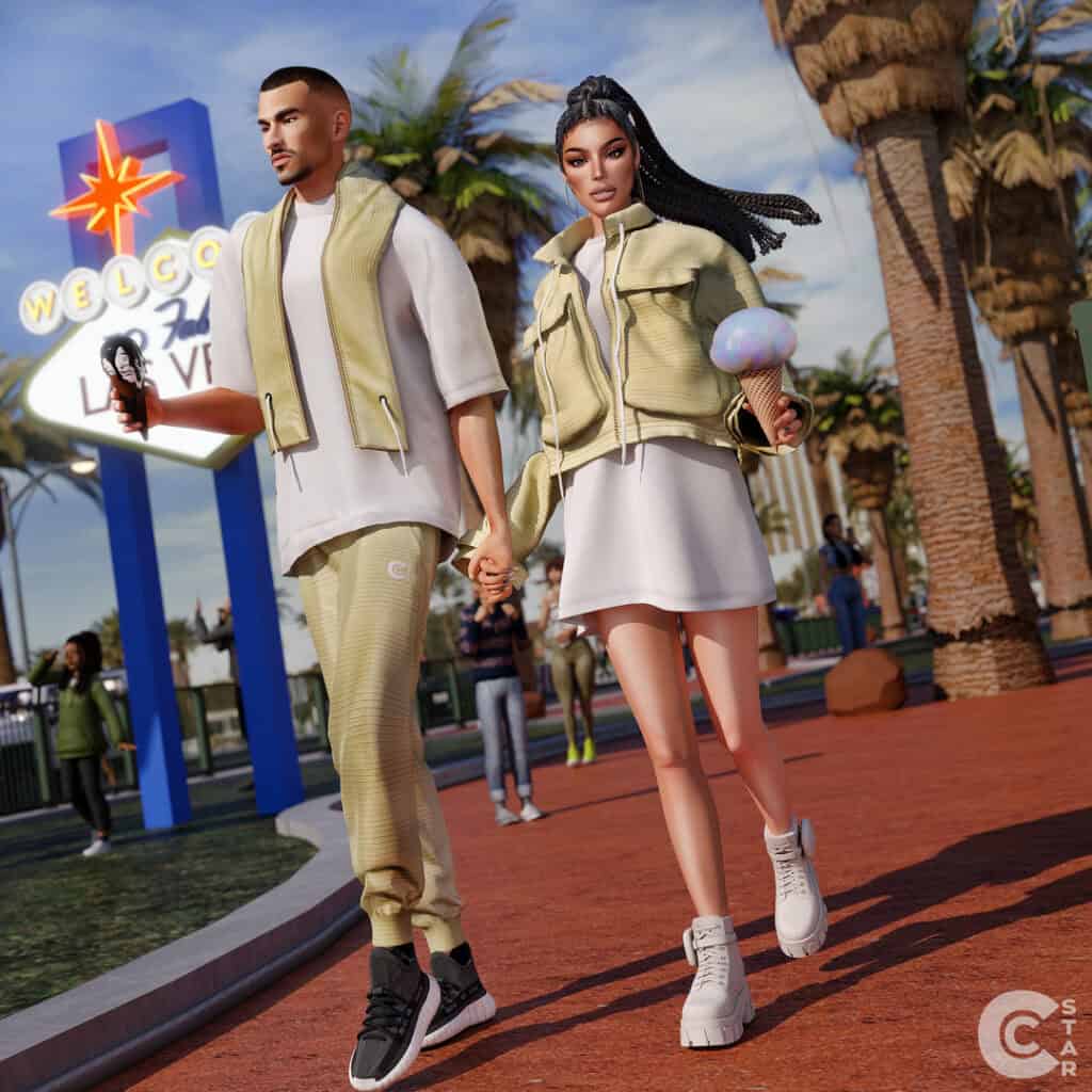 Stylish young couple holding hands at an amusement park, showcasing trendy streetwear and accessories with vibrant background and palm trees, capturing modern fashion and fun leisure moments.