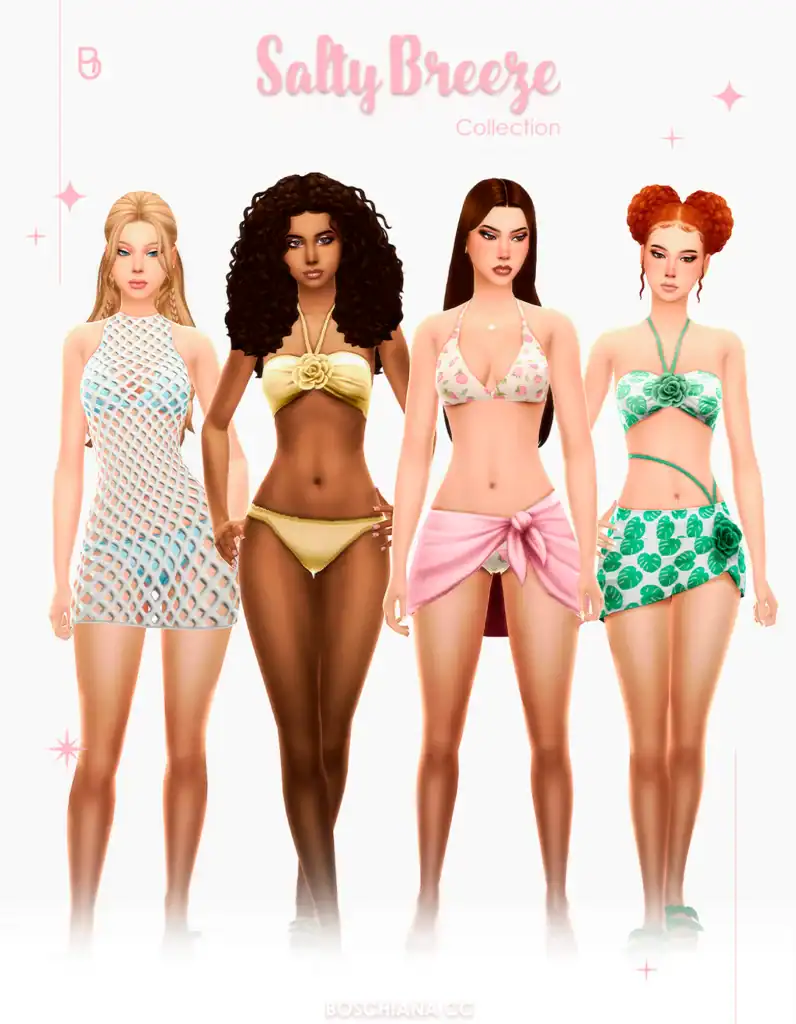 Vibrant summer-themed swimsuits perfect for The Sims 4, featuring unique bikini and dress designs, colorful patterns, and stylish accessories from the Salty Breeze Collection.