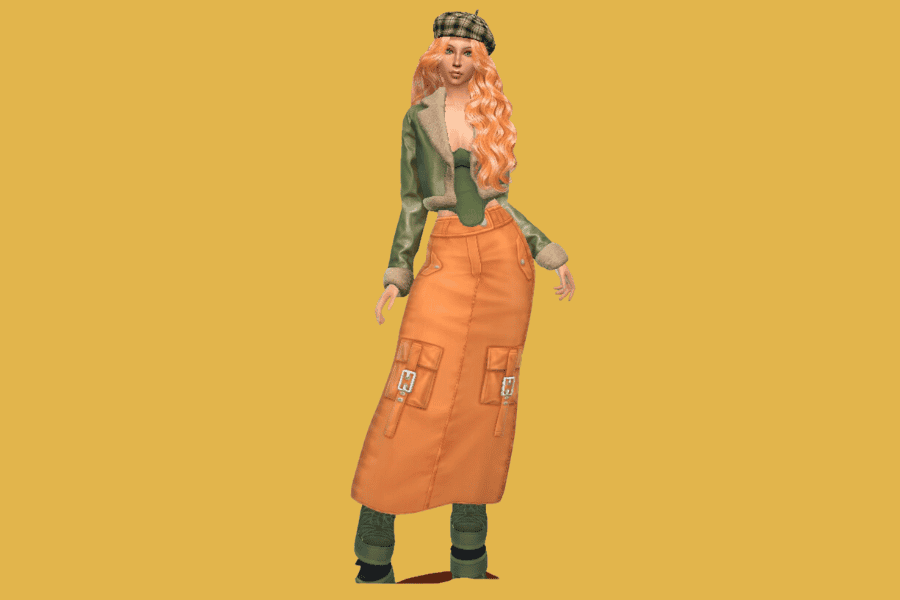 Vintage-inspired female avatar in layered apparel, cargo skirt, and beanie, showcasing popular fashion mods for enhanced gaming avatars.
