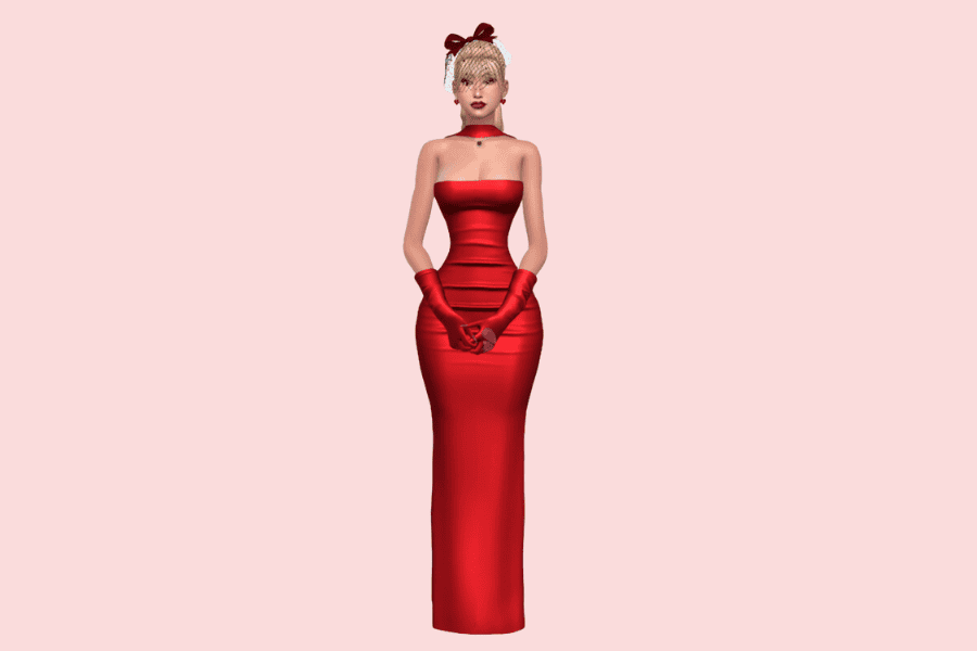 Long red evening gown with gloves and vintage hair accessory, perfect for fashion mods and virtual avatar customization.