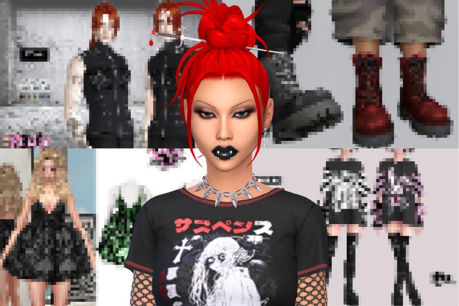 Raver girl fashion with bold makeup and red hair, cyberpunk outfit accessories, Sims 4 punk cc for creative fashion enthusiasts.