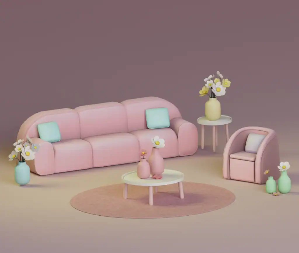 Soft pink modern sofa with pastel accent pillows and decorative vases with flowers in a minimalist living room setting, perfect for stylish home decor.