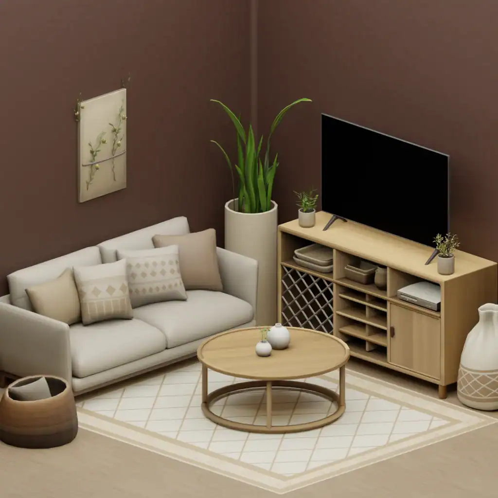 Modern minimalist living room decor with neutral tones and natural wood accents, featuring a cozy sofa, potted plants, and a sleek media console, perfect for stylish home improvements and interior design enhancements.