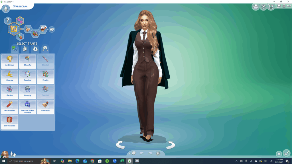 Stylish female character in The Sims 4 with professional business attire, brown pantsuit, and black heels, showcasing popular gameplay mods from Must Have Mods for custom Sim appearance.