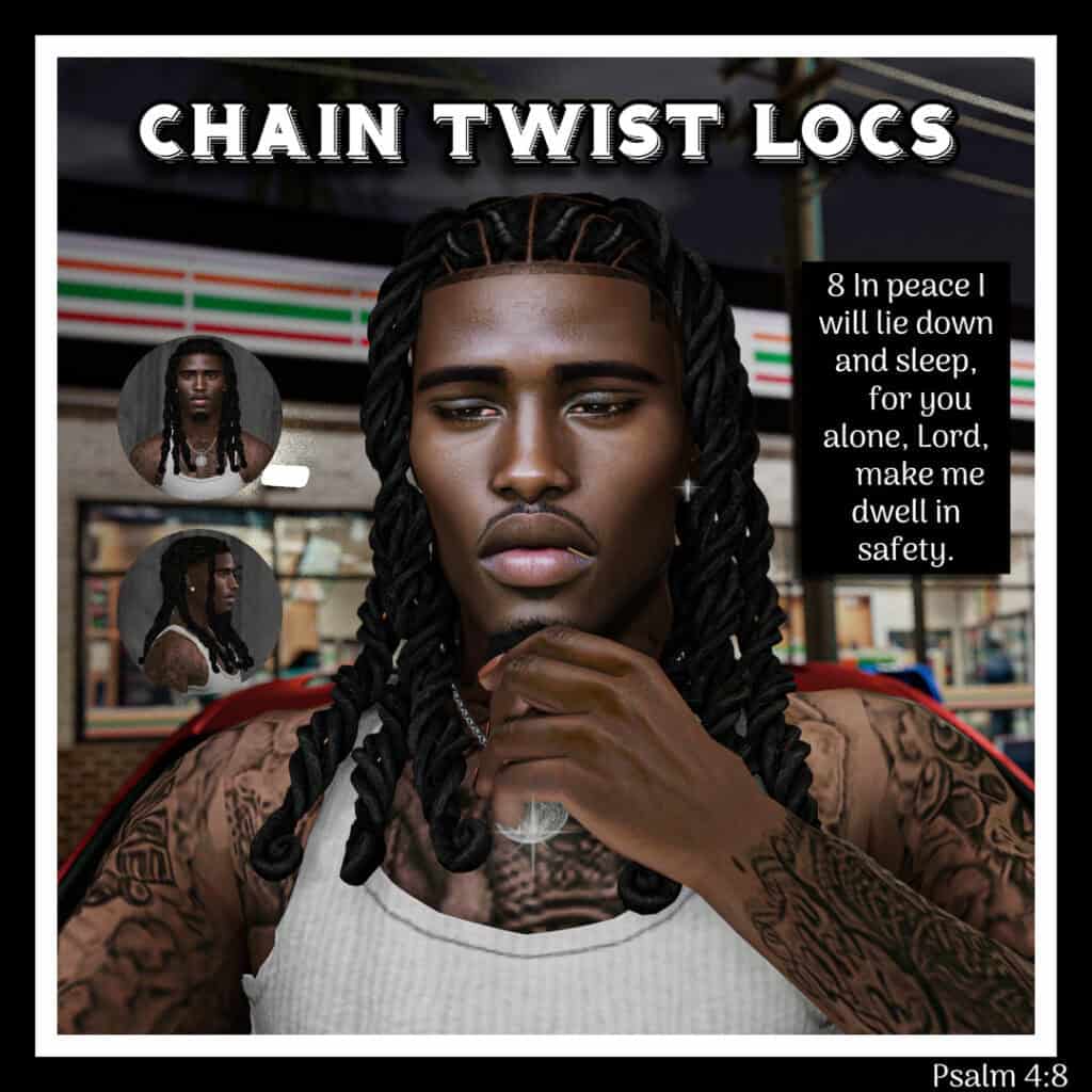 Dreadlocks hairstyle featuring chain twist locks with tattoos on arms, in a modern setting for men's hair and hairstyle mods.