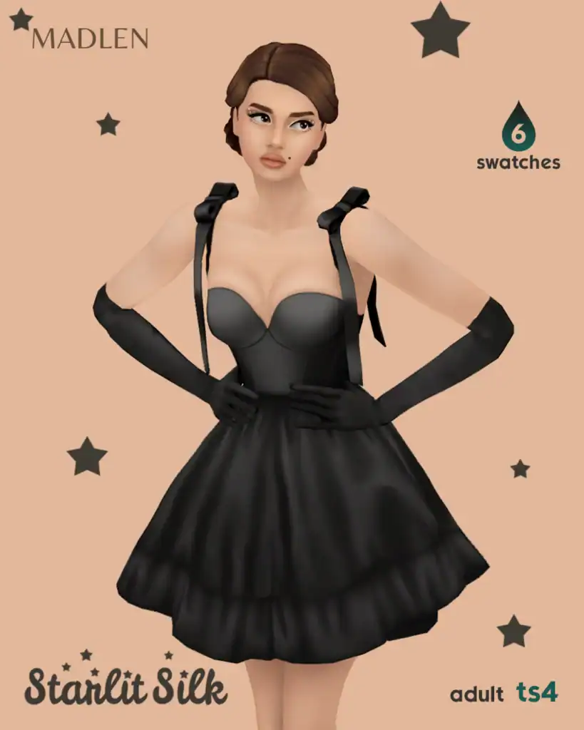 Black elegant dress with glove accessories and starlet silk fabric, suitable for adult avatars in The Sims 4, perfect for stylish and sophisticated virtual fashion customization.