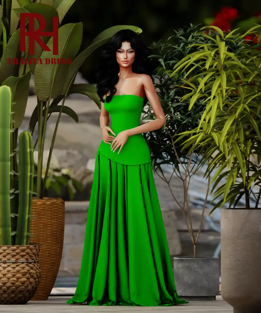 Green strapless maxi dress, elegant tropical dress, vibrant summer dress for women, stylish evening gown with pleats, Must Have Mods fashion collection.