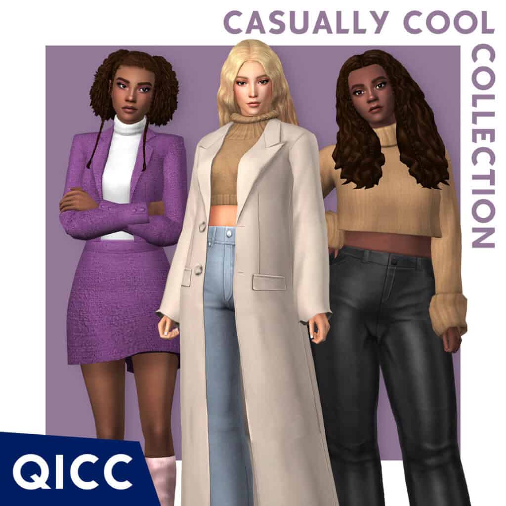Stylish women wearing casual and chic outfits in a virtual environment, showcasing Must Have Mods fashion collection for Sims 4.