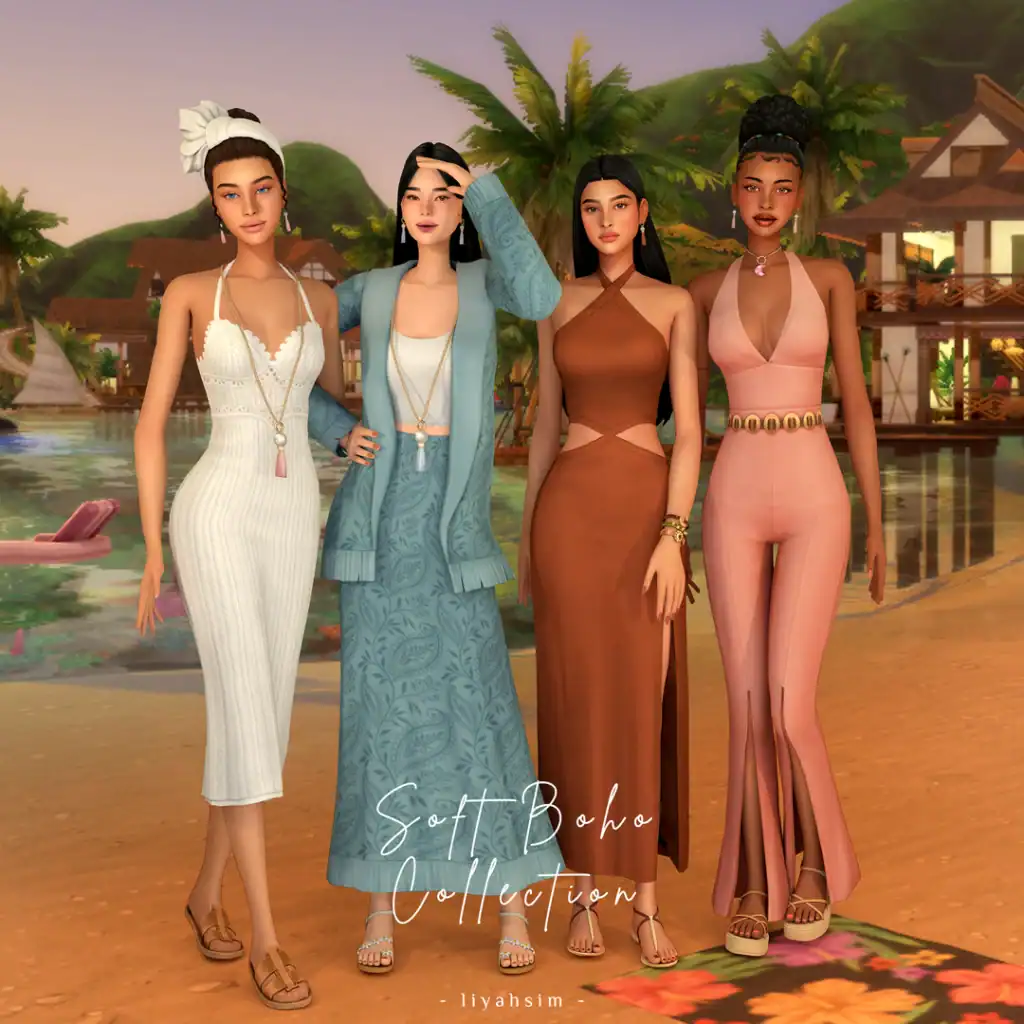 Luxurious boho fashion models in coastal setting with tropical palm trees, showcasing trendy beachwear and stylish accessories from the Must Have Mods collection. Perfect for summer fashion inspiration.