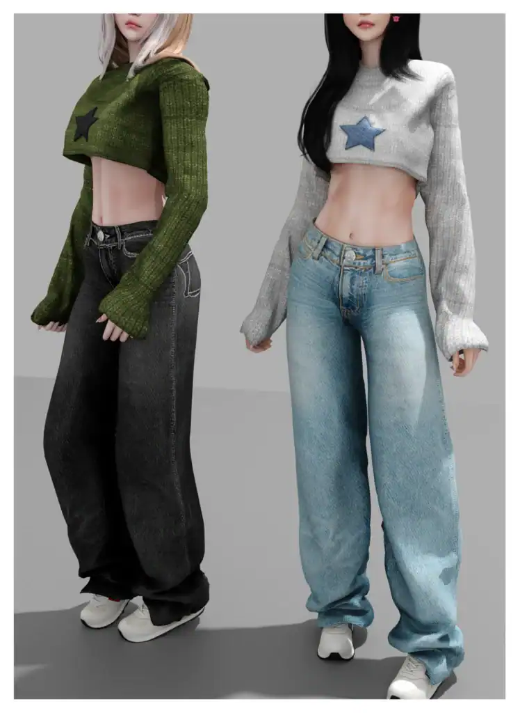 Crop-top sweaters with star patches, fashionable streetwear, virtual models showcasing trendy casual outfits for gaming or digital fashion displays.
