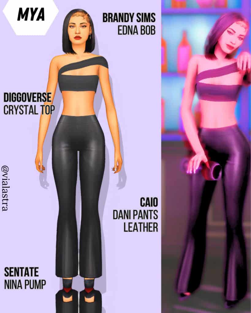 Black leather flared pants, crop top, and bold makeup from Must Have Mods, ideal for Sims 4 fashion lovers. Features Brandy Sims Edna Bob hairstyle, Caio Dani Pants, and Sentate Nina Pump for stylish virtual outfits.