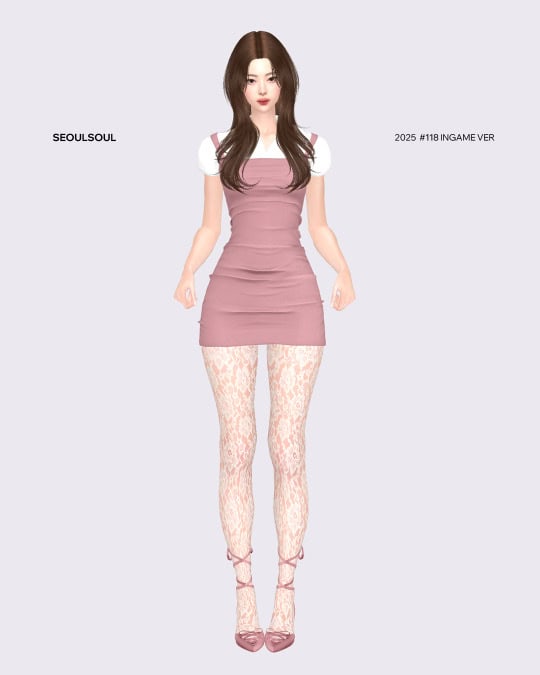 Pink fitted dress with lace stockings and high heels, showcasing trendy fashion and character customization on Must Have Mods.