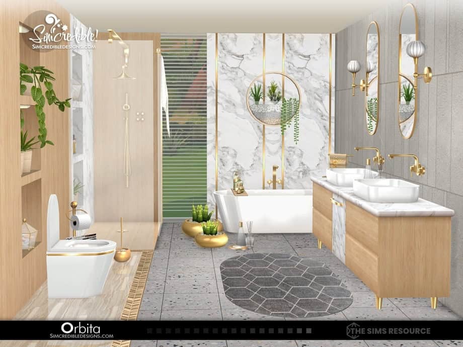 Modern bathroom interior design with marble accents, gold fixtures, and greenery, featuring a bathtub, dual sinks, and stylish decor for luxury home decor enthusiasts.