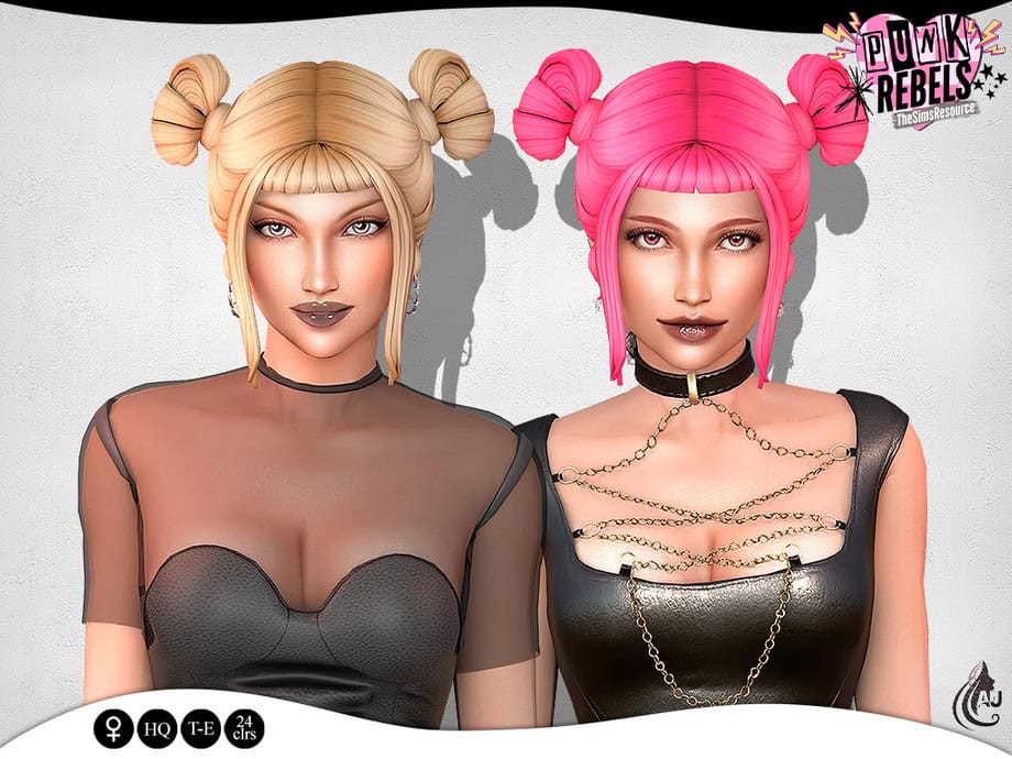 Blonde and pink-haired female avatars with edgy fashion, chains, and trendy hairstyles, representing popular Sims mod content from Must Have Mods for modern character customization.