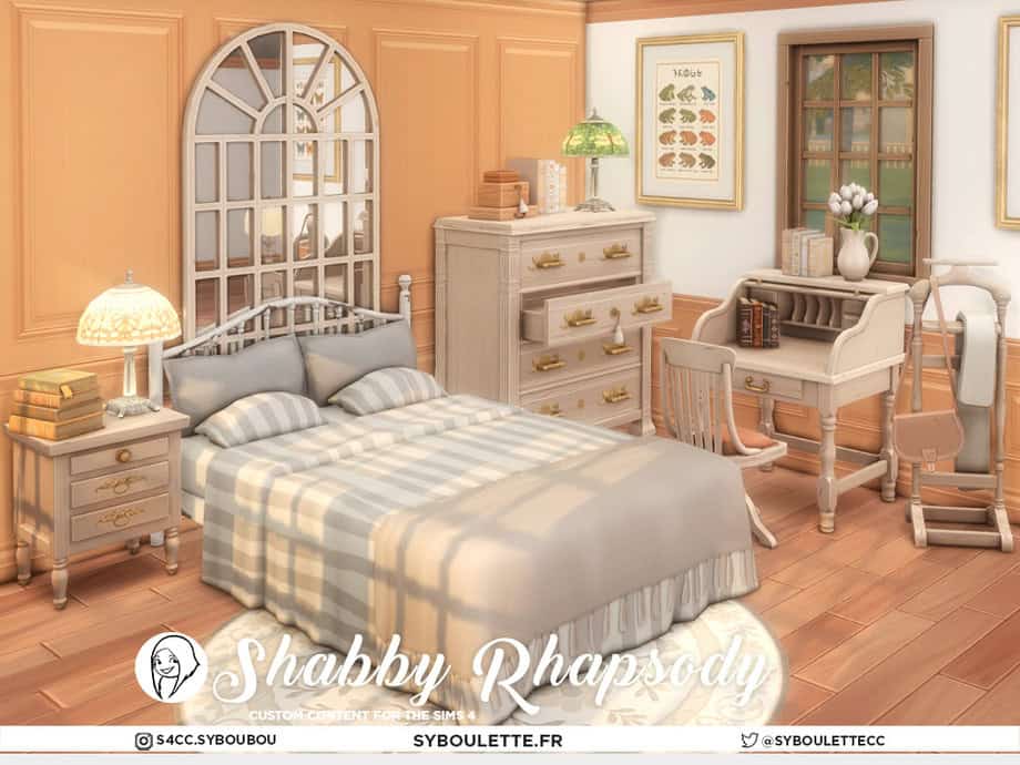 Vintage shabby chic bedroom interior with pastel furniture and soft lighting, perfect for cozy home decor themes.