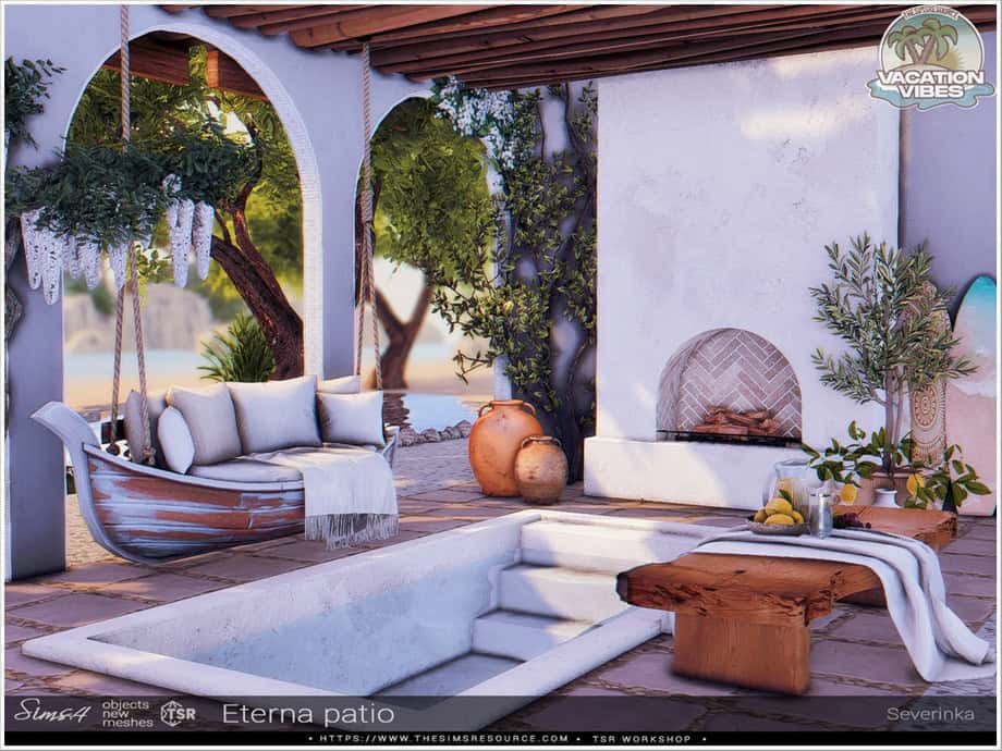 Relaxing outdoor patio with hammock swing, white cushioned seating, rustic wooden table, fireplace, potted plants, and natural desert scenery, perfect for outdoor living and relaxation.